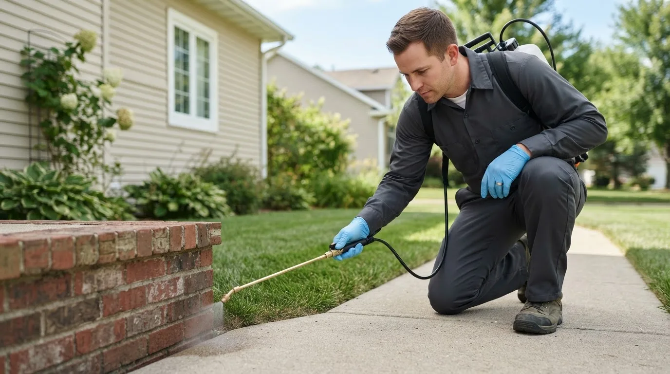 Pest control technician treating a home near Dale, IN