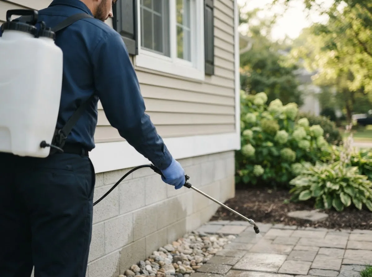Pest control technician inspecting a home in Dale, IN